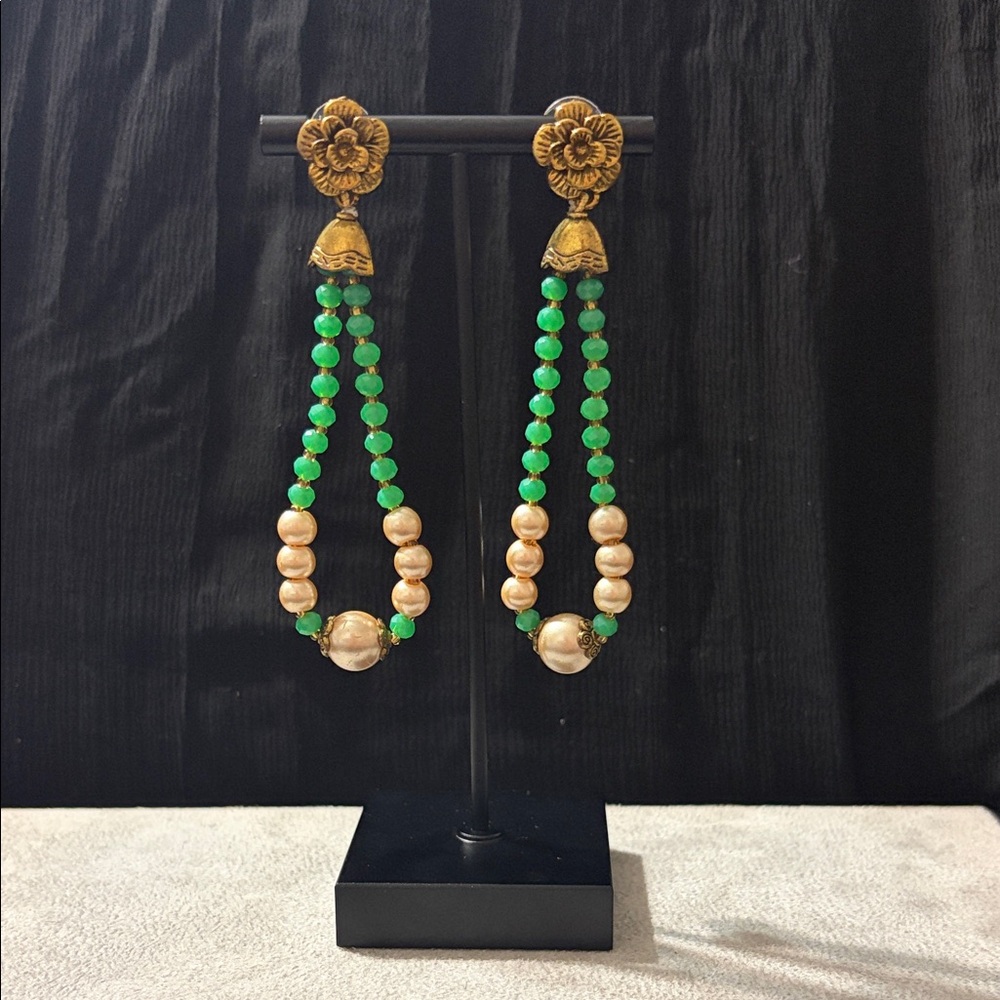 Green and Gold Floral and pearl Earrings